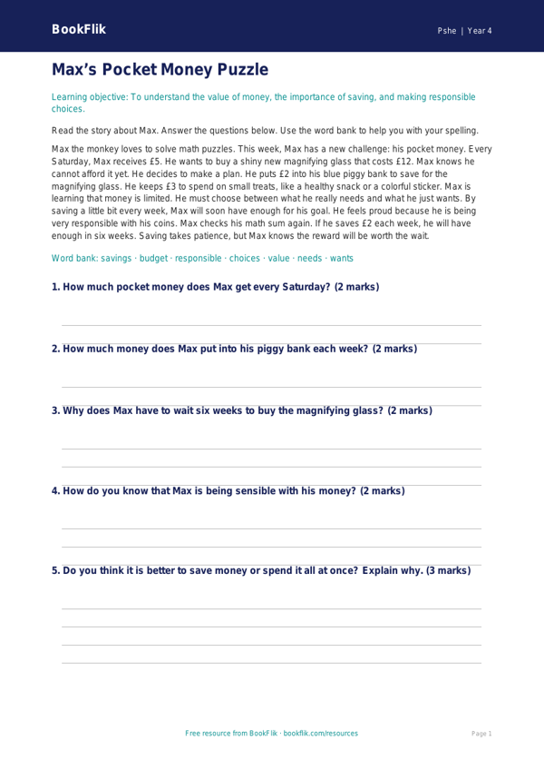 Free Money Comprehension | Grade 3 | Health & Wellness | BookFlik worksheet preview — Pshe Money