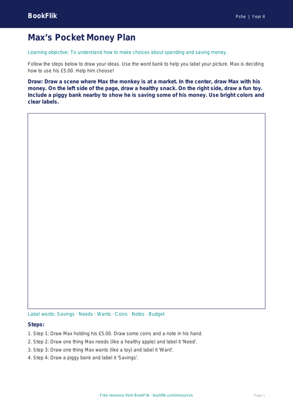 Free Money Drawing Sheet | Grade 3 | Health & Wellness | BookFlik worksheet preview — Pshe Money
