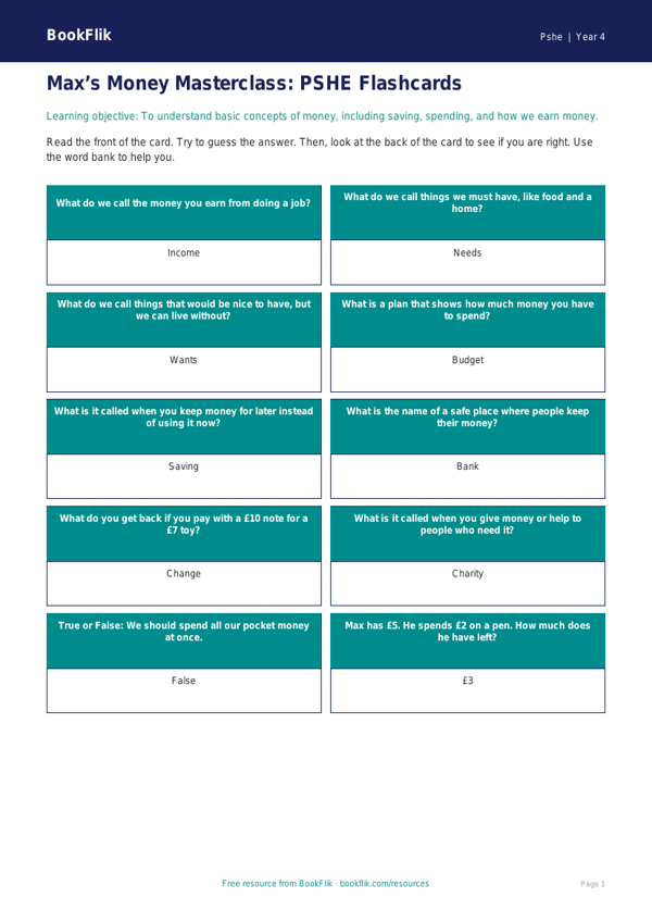 Free Money Flashcards | Grade 3 Math & Life Skills | BookFlik worksheet preview — Pshe Money