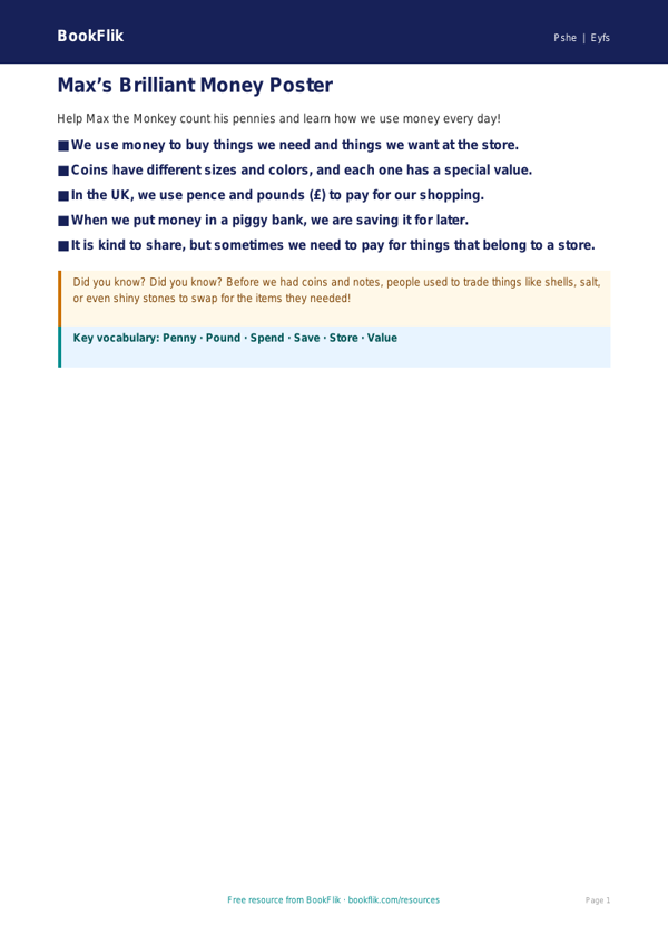 Free Money Poster | Pre-K | Health & Wellness | BookFlik worksheet preview — Pshe Money
