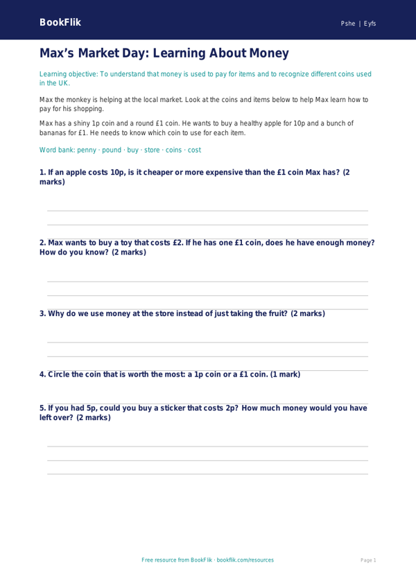 Free Money Worksheet | Pre-K | Health & Wellness | BookFlik worksheet preview — Pshe Money