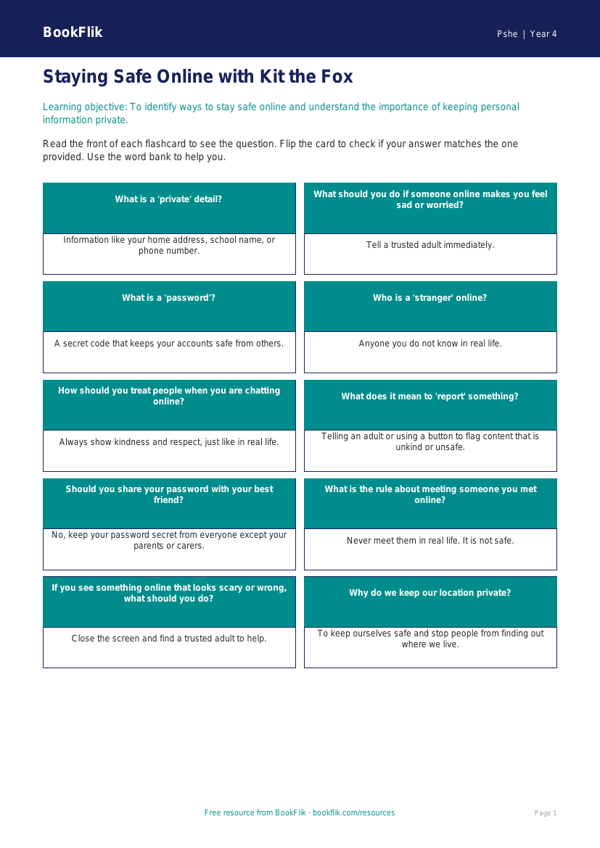 Free Online Safety Flashcards | Grade 3 | Health & Wellness | BookFlik worksheet preview — Pshe Online Safety