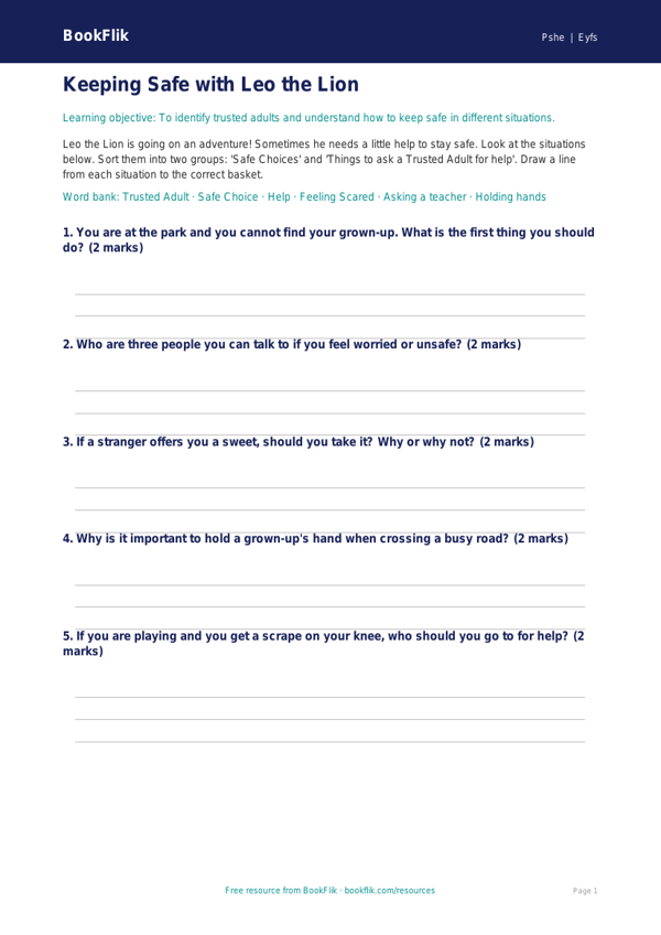Free Personal Safety Activity Sheet | Pre-K | Health & Wellness | BookFlik worksheet preview — Pshe Personal Safety