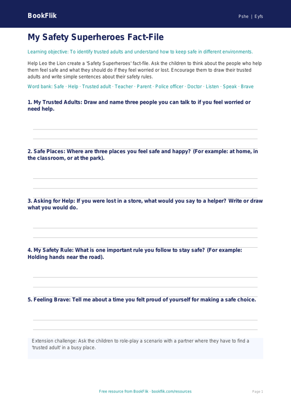 Free Personal Safety Template | Pre-K | Health & Wellness | BookFlik worksheet preview — Pshe Personal Safety