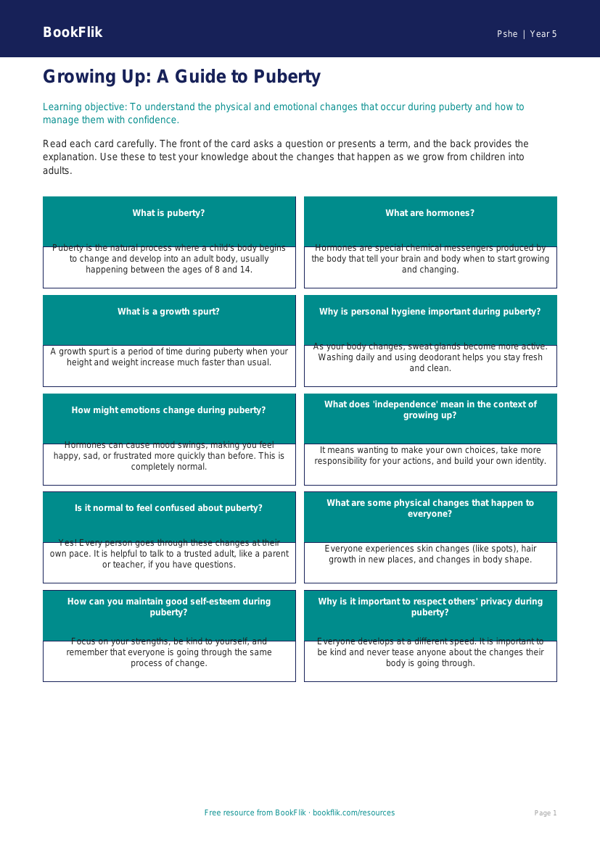 Understanding Puberty: Grade 4 Health Lesson & Flashcards | BookFlik worksheet preview — Pshe Puberty