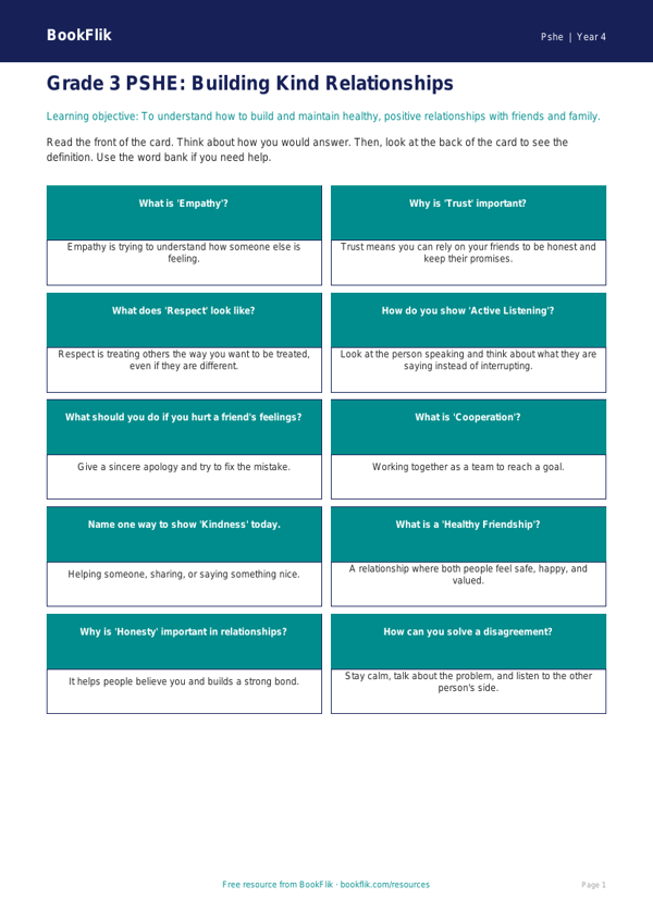 Free Relationships Flashcards | Grade 3 | Health & Wellness | BookFlik worksheet preview — Pshe Relationships