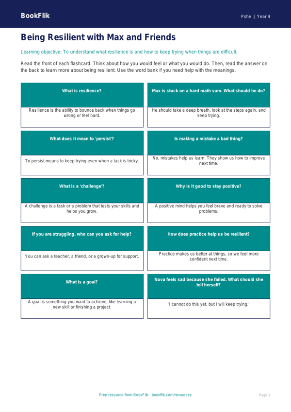 Resilience Flashcards Grade 3 Free | Health & Wellness | BookFlik worksheet preview — Pshe Resilience