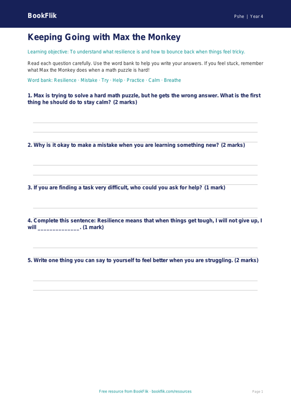 Free Resilience Worksheet | Grade 3 | Health & Wellness | BookFlik worksheet preview — Pshe Resilience