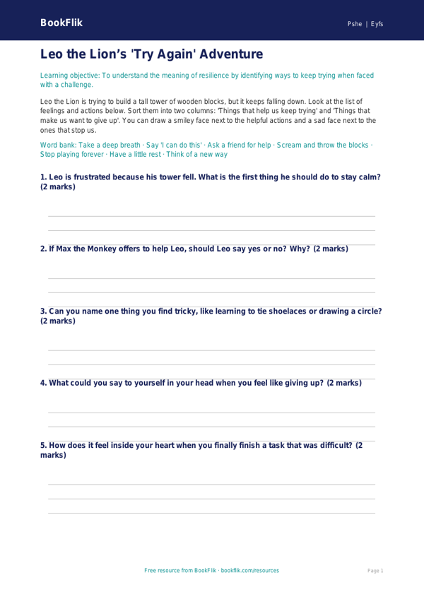 Free Resilience Activity Sheet | Pre-K | Health & Wellness | BookFlik worksheet preview — Pshe Resilience