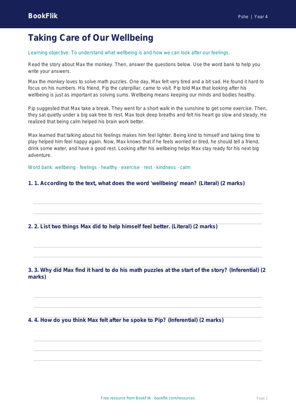 Free Wellbeing Comprehension | Grade 3 | Health & Wellness | BookFlik worksheet preview — Pshe Wellbeing
