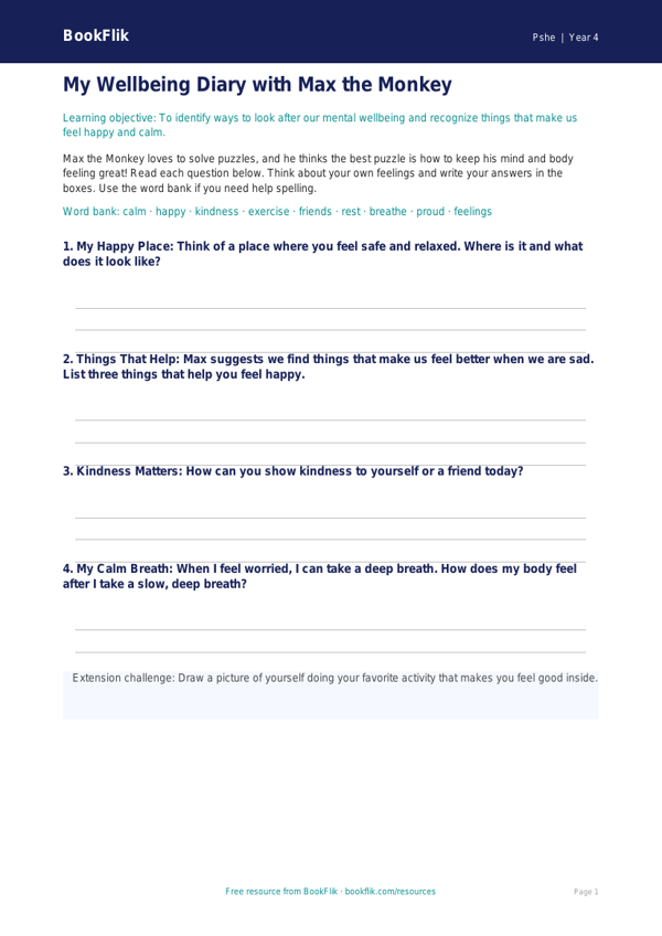 Free Wellbeing Template | Grade 3 | Health & Wellness | BookFlik worksheet preview — Pshe Wellbeing