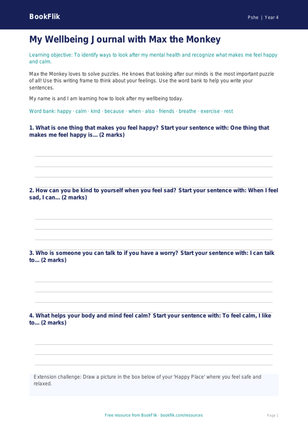 Free Wellbeing Writing Frame | Grade 3 | Health & Wellness | BookFlik worksheet preview — Pshe Wellbeing