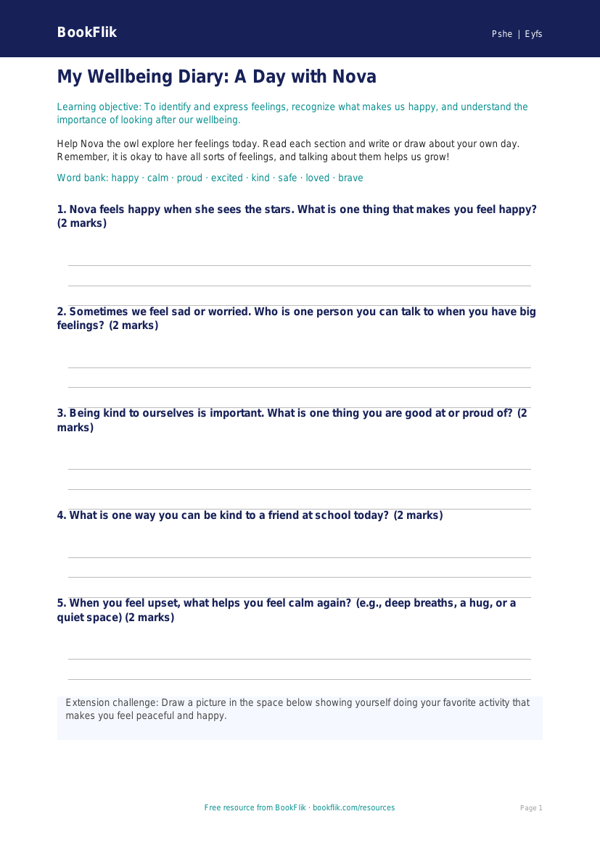 Free Wellbeing Template | Pre-K | Health & Wellness | BookFlik worksheet preview — Pshe Wellbeing