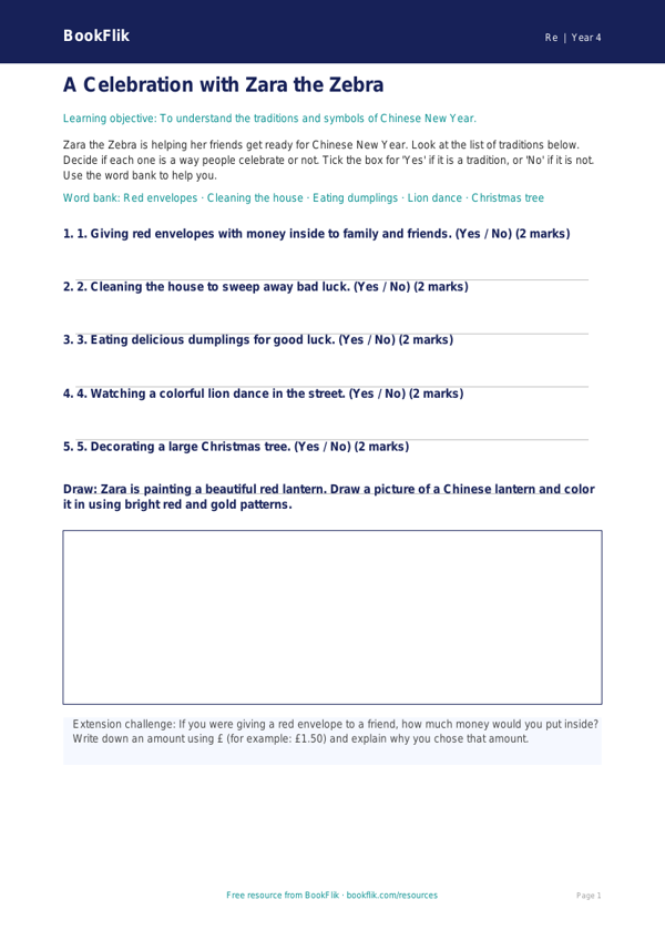 Free Chinese New Year Activity Sheet | Grade 3 | Social Studies | BookFlik worksheet preview — Re Chinese New Year