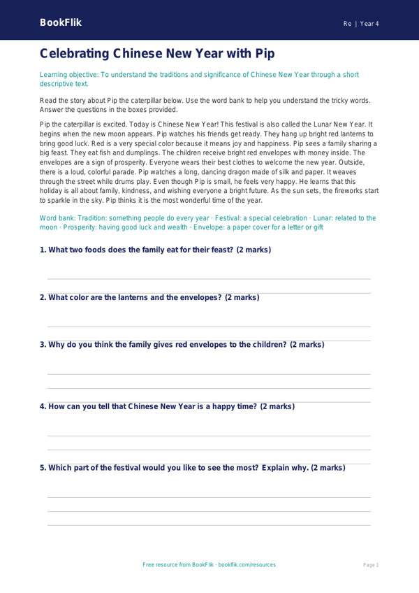 Free Chinese New Year Comprehension | Grade 3 | Social Studies | BookFlik worksheet preview — Re Chinese New Year