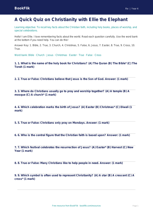 Free Christianity Quiz | Grade 3 | Social Studies | BookFlik worksheet preview — Re Christianity