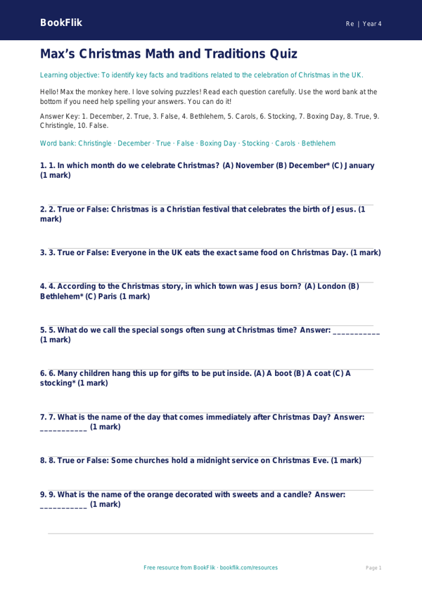 Free Christmas Quiz | Grade 3 | Social Studies | BookFlik worksheet preview — Re Christmas