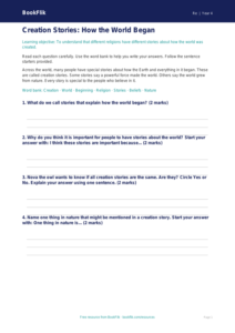 Free Creation Stories Worksheet | Grade 3 | Social Studies | BookFlik