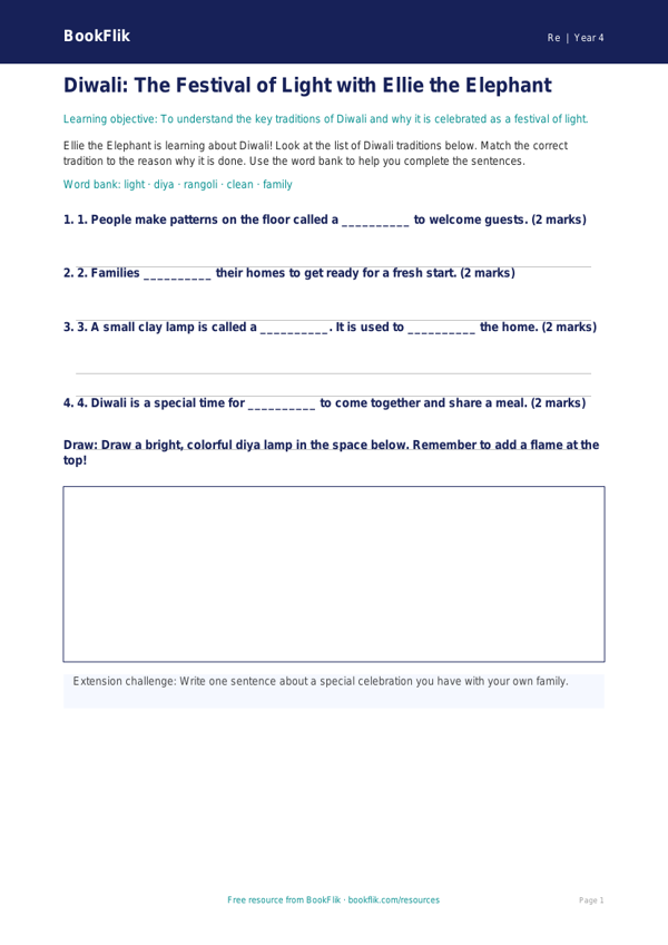 Free Diwali Activity Sheet | Grade 3 | Social Studies | BookFlik worksheet preview — Re Diwali