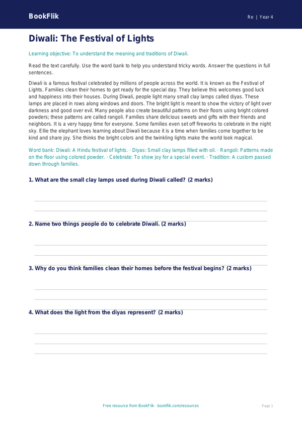 Free Diwali Comprehension | Grade 3 | Social Studies | BookFlik worksheet preview — Re Diwali