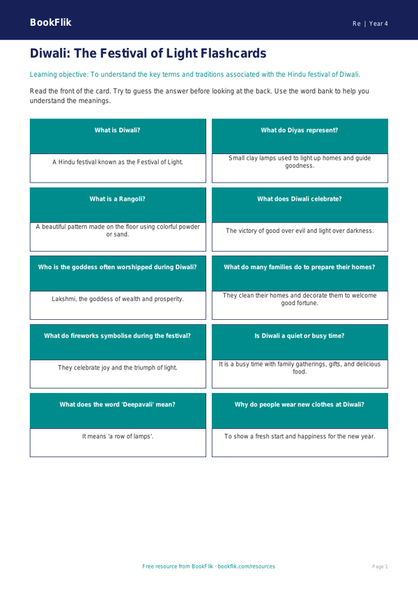 Free Diwali Flashcards | Grade 3 | Social Studies | BookFlik worksheet preview — Re Diwali