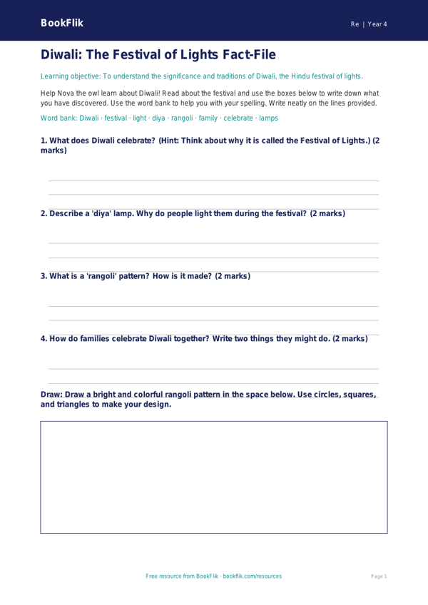 Free Diwali Template | Grade 3 | Social Studies | BookFlik worksheet preview — Re Diwali