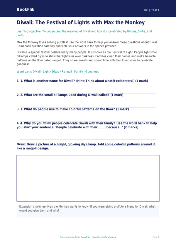 Free Diwali Worksheet | Grade 3 | Social Studies | BookFlik worksheet preview — Re Diwali