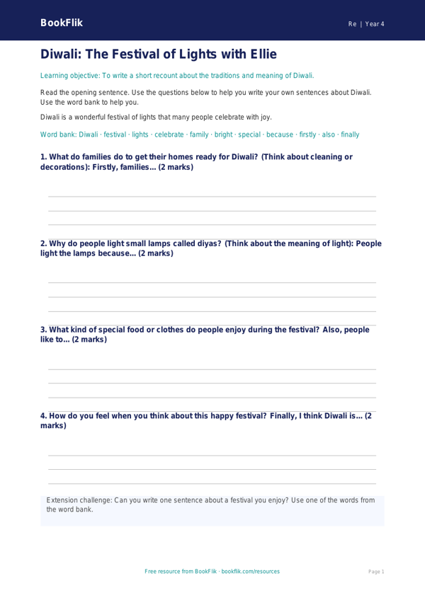 Free Diwali Writing Frame | Grade 3 | Social Studies | BookFlik worksheet preview — Re Diwali