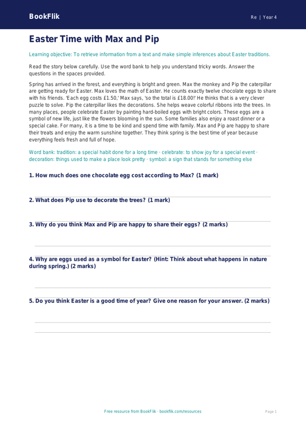 Free Easter Comprehension | Grade 3 | Social Studies | BookFlik worksheet preview — Re Easter