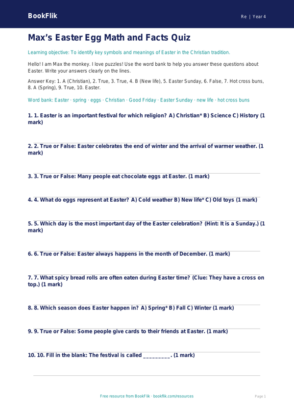 Free Easter Quiz | Grade 3 | Social Studies | BookFlik worksheet preview — Re Easter