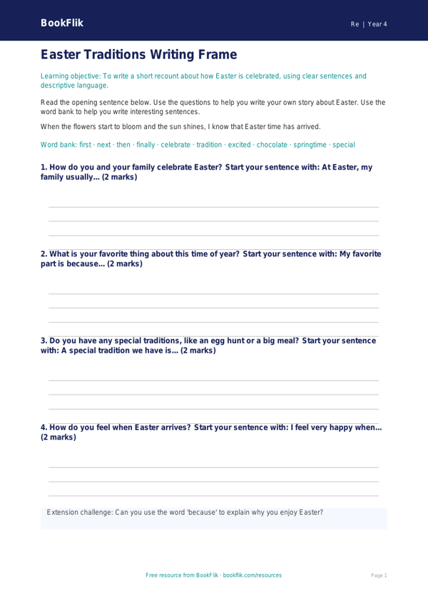 Free Easter Writing Frame | Grade 3 | Social Studies | BookFlik worksheet preview — Re Easter