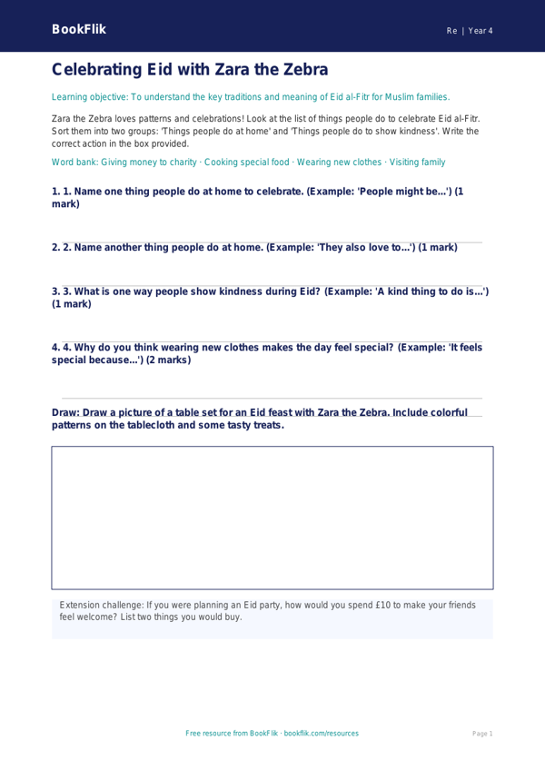 Free Eid Activity Sheet | Grade 3 | Social Studies | BookFlik worksheet preview — Re Eid