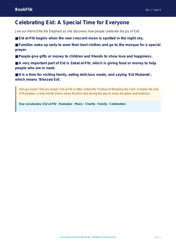 Free Eid Poster Activity | Grade 3 Social Studies | BookFlik worksheet preview — Re Eid