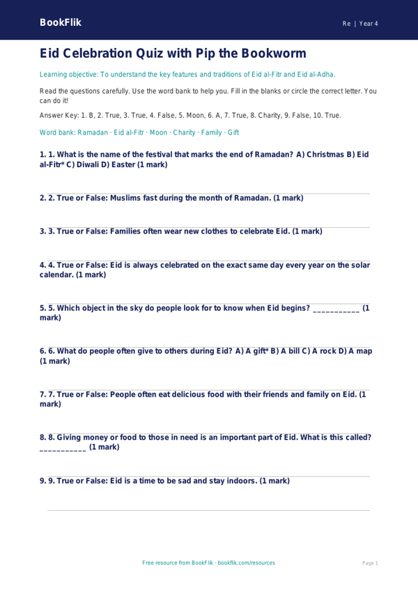 Free Eid Quiz | Grade 3 | Social Studies | BookFlik worksheet preview — Re Eid