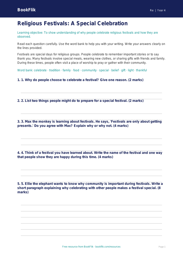 Free Festivals Assessment | Grade 3 | Social Studies | BookFlik worksheet preview — Re Festivals