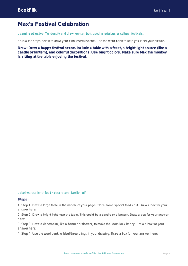 Free Festivals Drawing Sheet | Grade 3 | Social Studies | BookFlik worksheet preview — Re Festivals