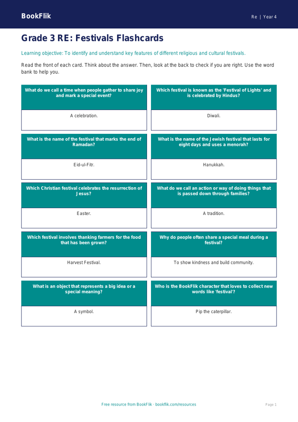 Free Festivals Flashcards | Grade 3 | Social Studies | BookFlik worksheet preview — Re Festivals