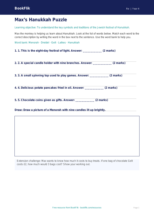Free Hanukkah Activity Sheet | Grade 3 | Social Studies | BookFlik worksheet preview — Re Hanukkah