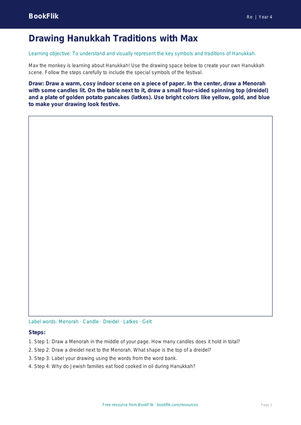 Free Hanukkah Drawing Sheet | Grade 3 | Social Studies | BookFlik worksheet preview — Re Hanukkah