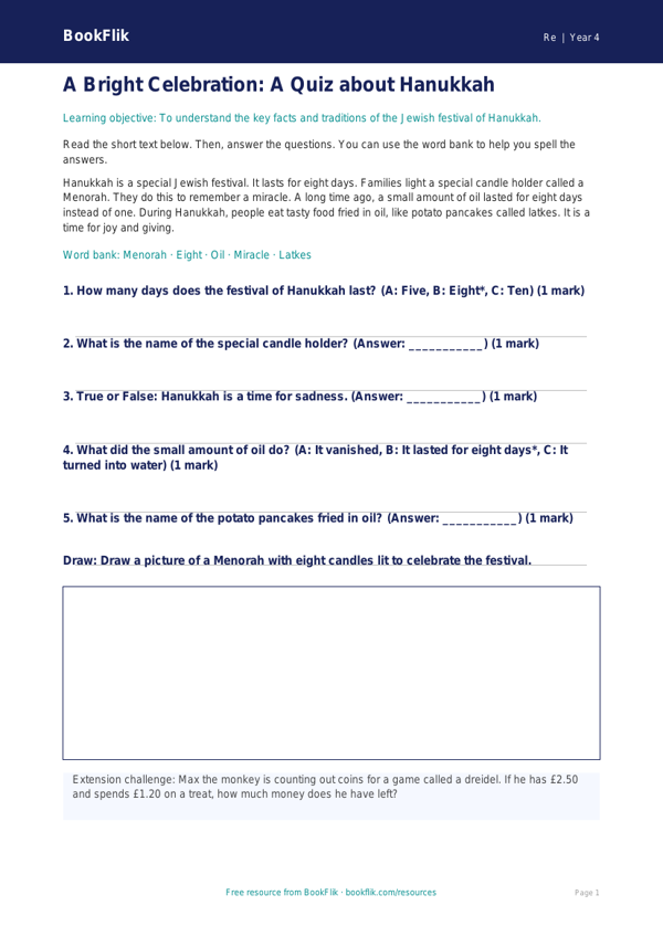 Free Hanukkah Quiz | Grade 3 | Social Studies | BookFlik worksheet preview — Re Hanukkah