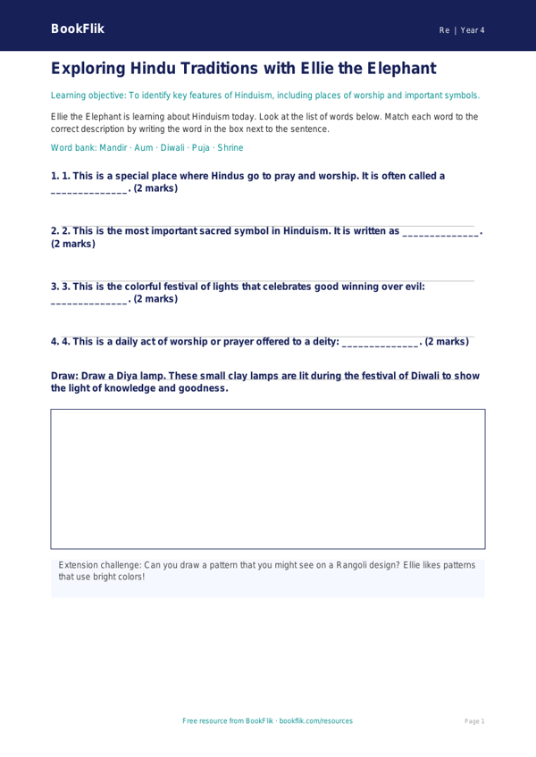 Free Hinduism Activity Sheet | Grade 3 | Social Studies | BookFlik worksheet preview — Re Hinduism