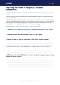Free Hinduism Assessment | Grade 3 | Social Studies | BookFlik