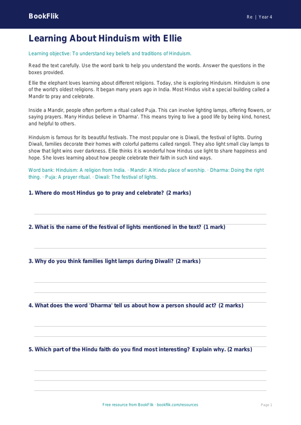Free Hinduism Comprehension | Grade 3 | Social Studies | BookFlik worksheet preview — Re Hinduism