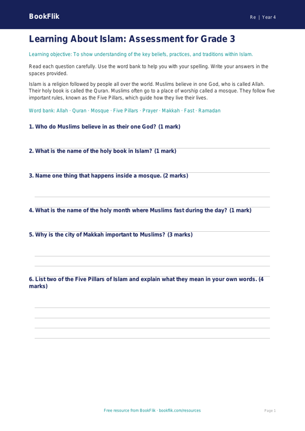 Free Islam Assessment | Grade 3 | Social Studies | BookFlik worksheet preview — Re Islam