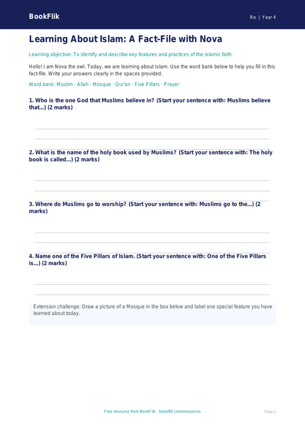Free Islam Template | Grade 3 | Social Studies | BookFlik worksheet preview — Re Islam
