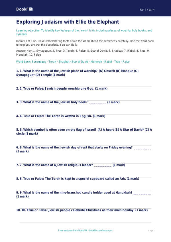Free Judaism Quiz | Grade 3 | Social Studies | BookFlik worksheet preview — Re Judaism