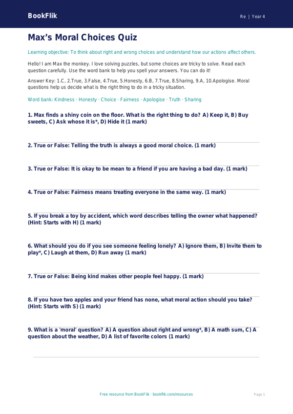 Free Moral Questions Quiz | Grade 3 | Social Studies | BookFlik worksheet preview — Re Moral Questions