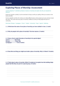 Free Places Of Worship Assessment | Grade 3 | Social Studies | BookFlik