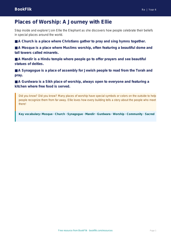 Free Places Of Worship Poster | Grade 3 | Social Studies | BookFlik worksheet preview — Re Places Of Worship