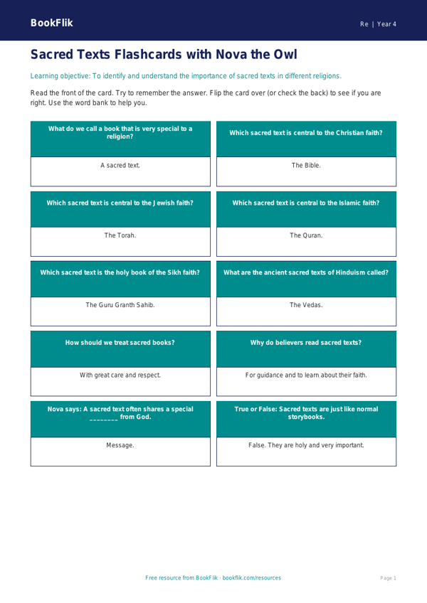 Sacred Texts Flashcards for Grade 3 | Social Studies | BookFlik worksheet preview — Re Sacred Texts